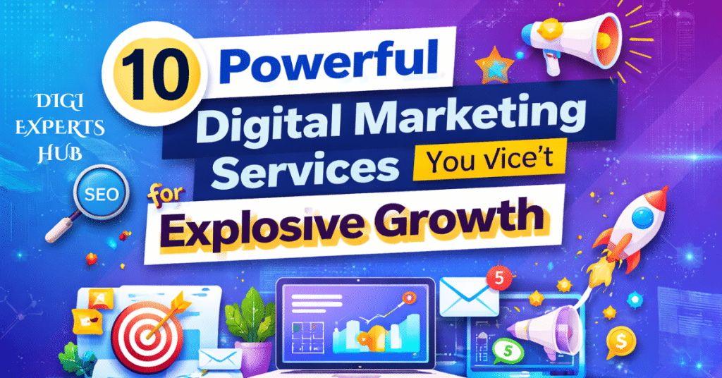 10 powerful digital marketing services for explosive growth with SEO, PPC, social media, email marketing, and online business strategy illustration