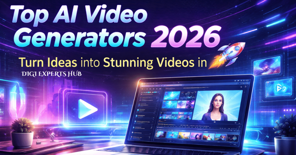Top AI Video Generators 2026 futuristic banner showing AI video editing software, laptop interface, and digital content creation tools